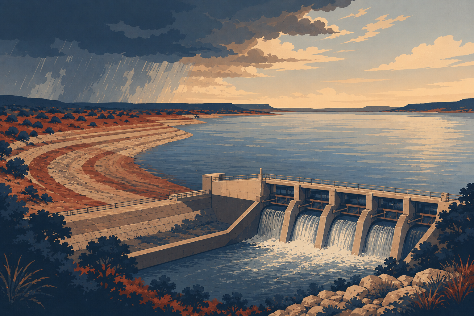 Flat editorial illustration of a South Texas reservoir with rising water levels and a dam spillway