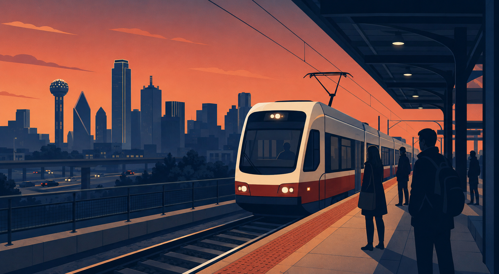 Flat editorial illustration of a North Texas commuter rail platform with a DART train arriving