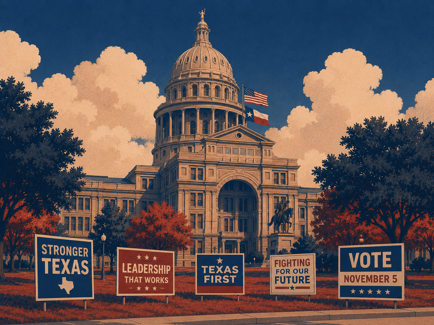 Texas Capitol with campaign yard signs