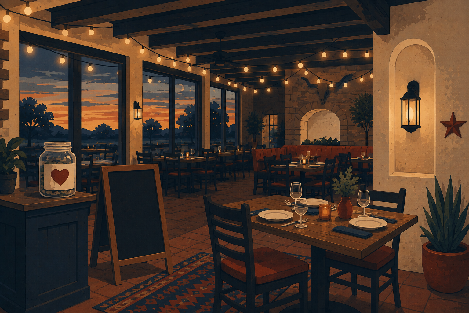 Flat editorial illustration of a Houston restaurant table set for dinner with a donation jar