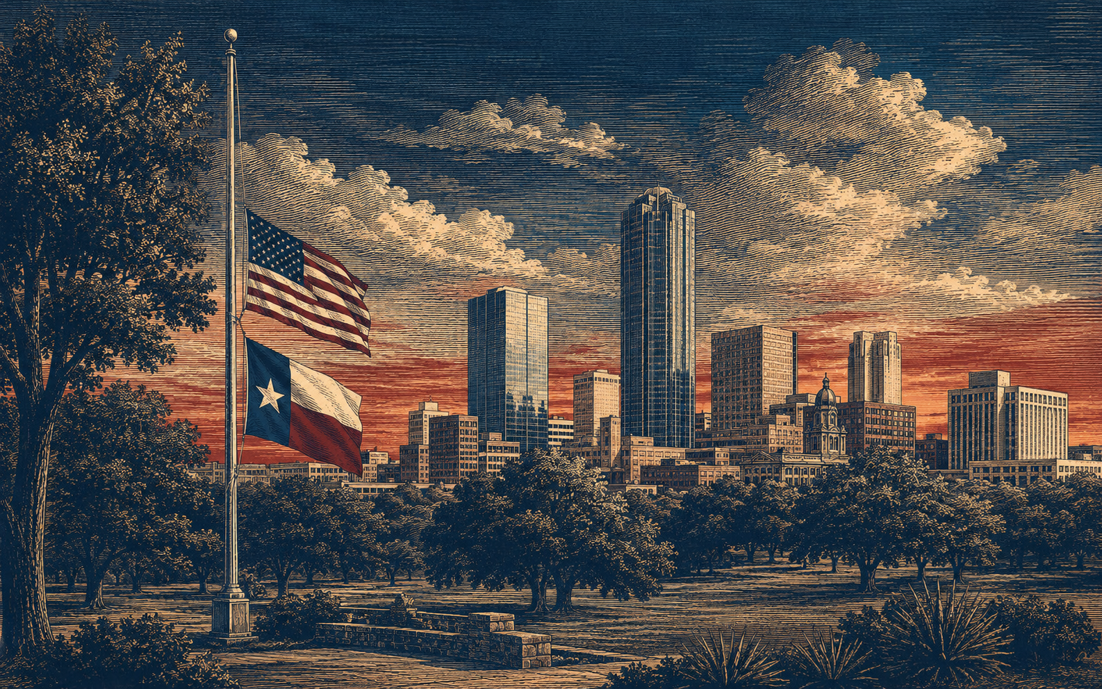 Fort Worth skyline at dusk with flag at half-staff