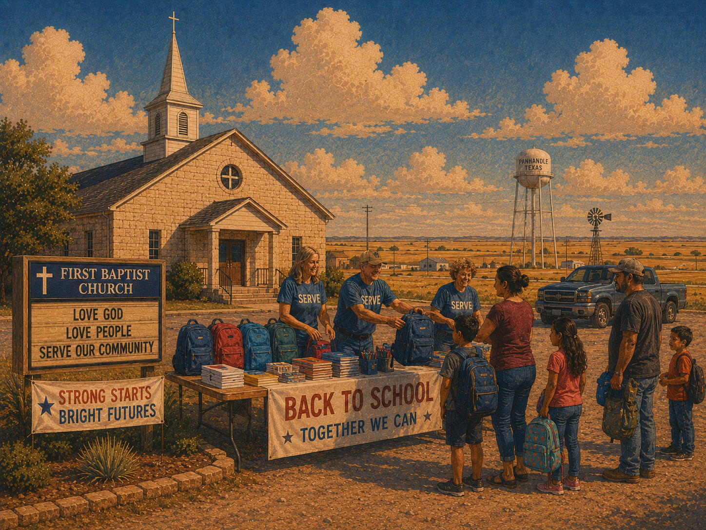 Church volunteers handing out school supplies in the Panhandle