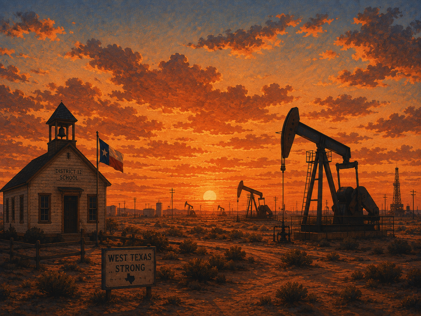 Permian Basin oil pumpjacks at sunset with schoolhouse silhouette