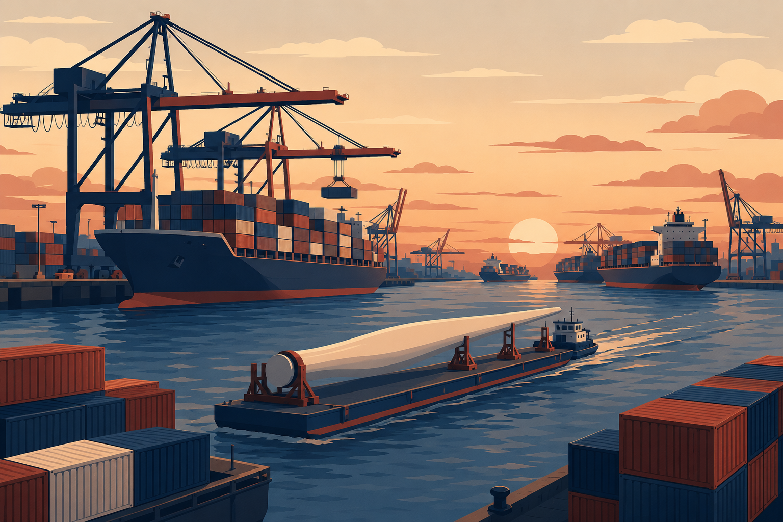 Flat editorial illustration of container cranes and cargo ships along the Houston Ship Channel at sunset