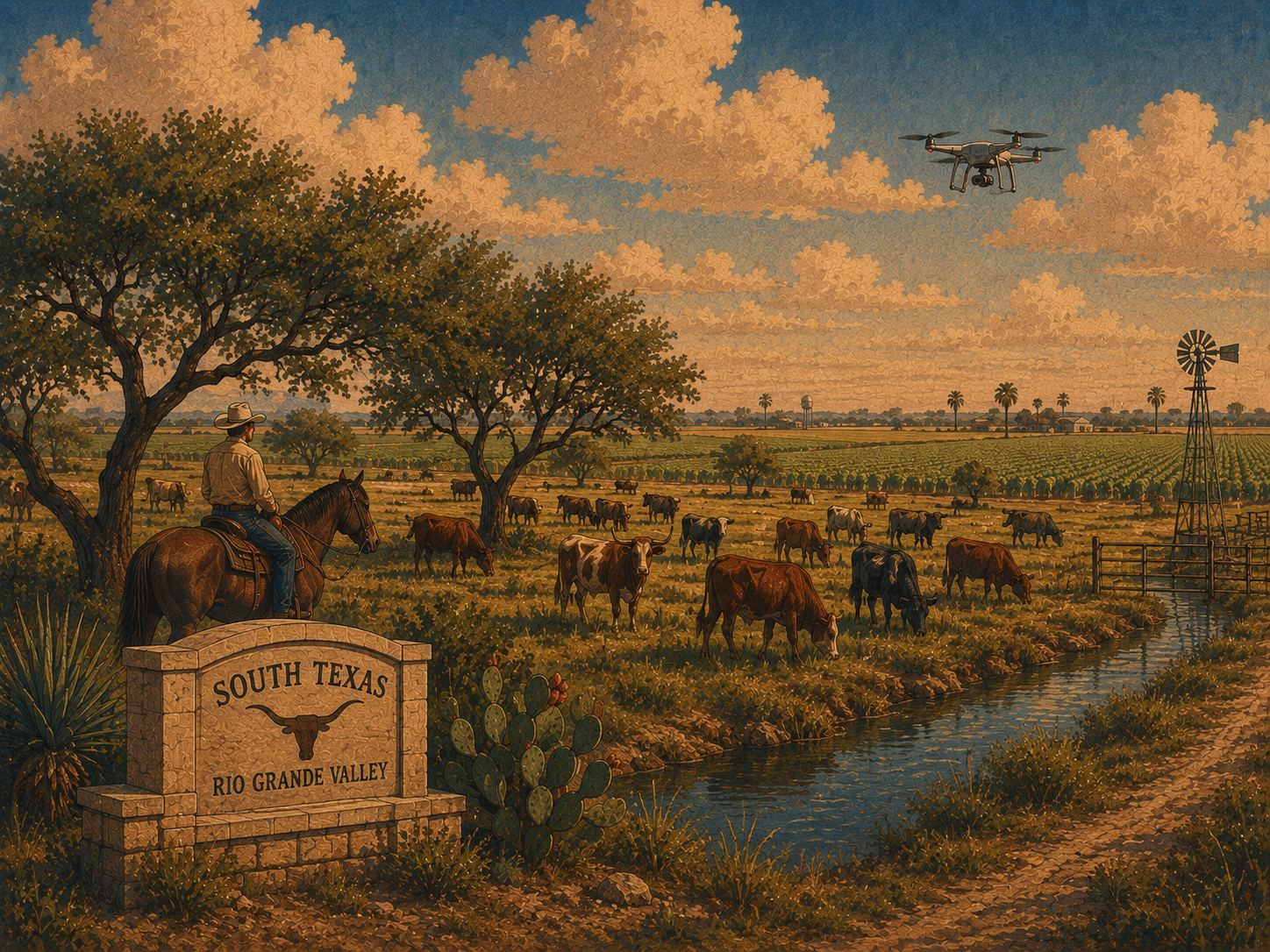 South Texas ranch landscape with cattle and a drone