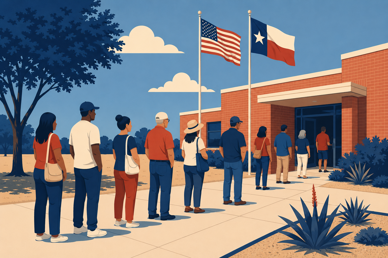Flat editorial illustration of Texas voters lined up outside a county polling place