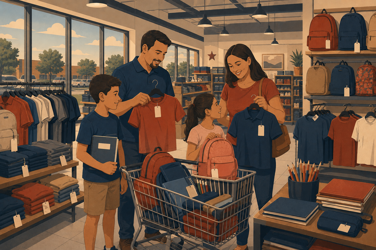 Flat editorial illustration of a family shopping for back-to-school clothing and supplies