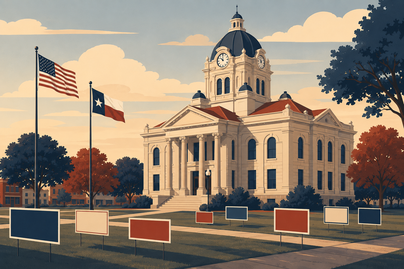 Flat editorial illustration of the Travis County courthouse in Austin with campaign yard signs