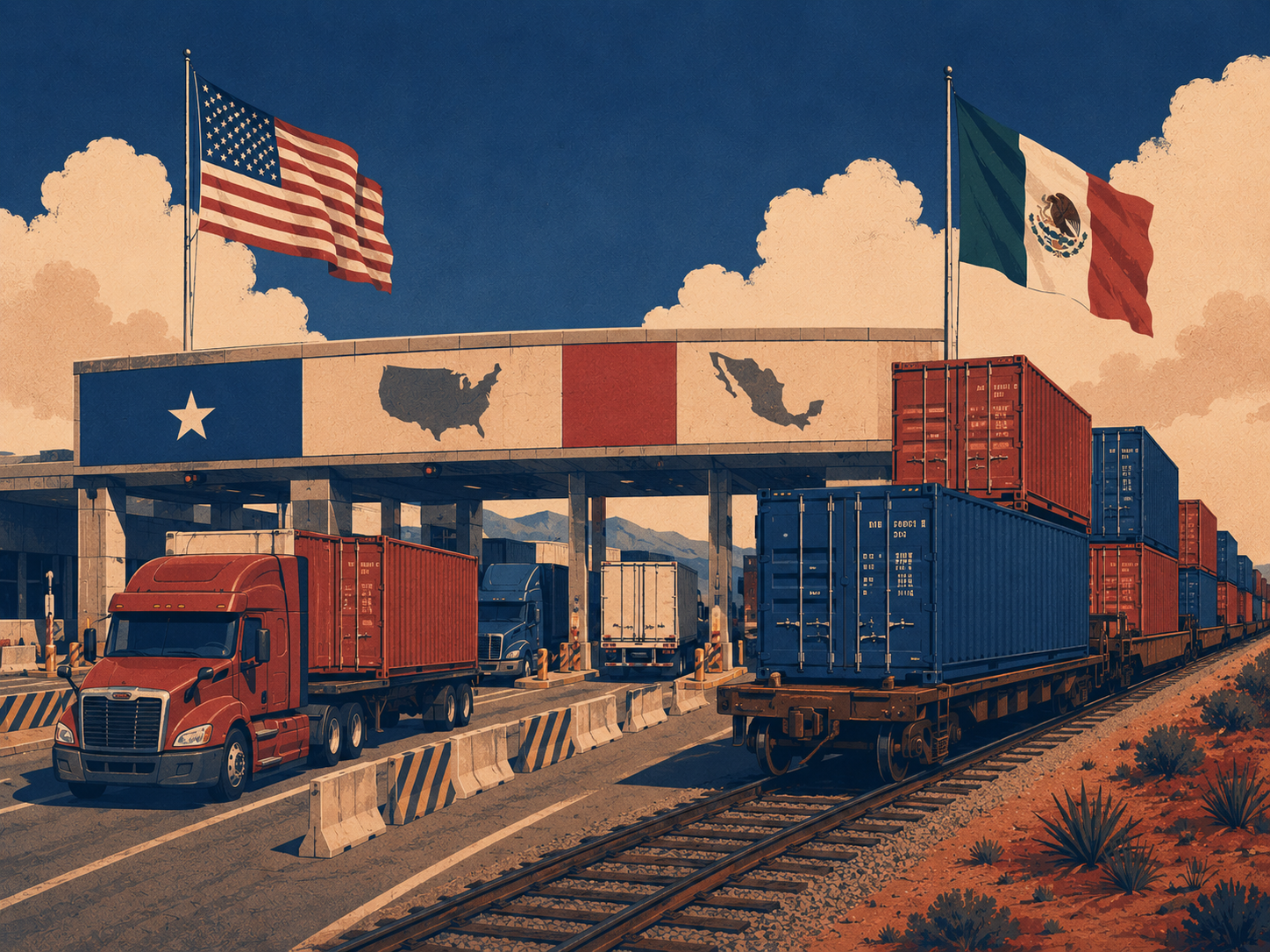Cargo containers at a border trade crossing