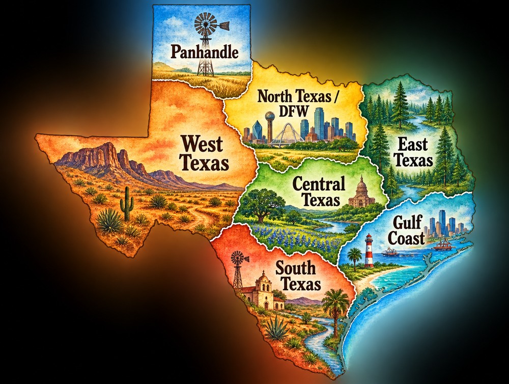 Illustrated map of Texas divided into seven regions: Panhandle, West Texas, North Texas/DFW, Central Texas, East Texas, South Texas, and Gulf Coast